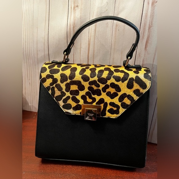Dune London Leopard Black Half Calf Hair Bag Gold Closure - Picture 3 of 10